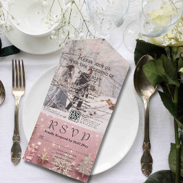 Faux Sparkle Shimmer Roze Zilver Foto QR Code All In One Uitnodiging