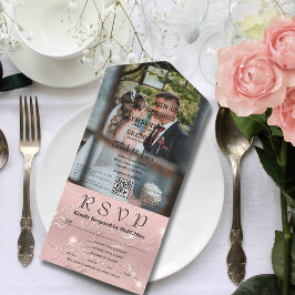 Faux Sparkle Shimmer Roze Zilver Foto QR Code All In One Uitnodiging