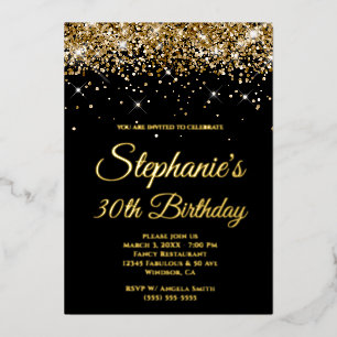 Faux Sparkly Gold Glitter Black 30th Birthday Folie Uitnodiging