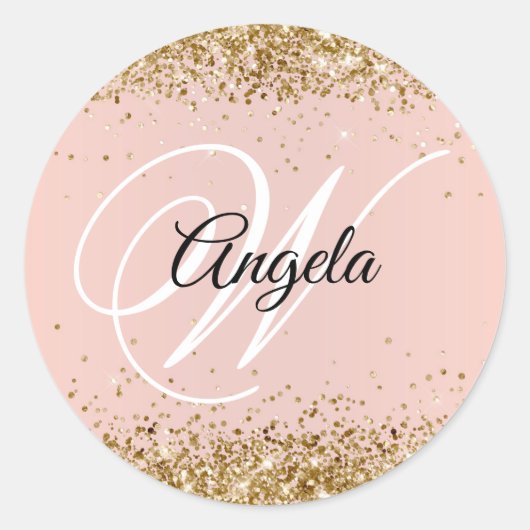 Faux Sparkly Gold Glitter Blush Monogram Ronde Sticker (Voorkant)