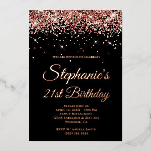 Faux Sparkly Roos Gold Glitter Black 21st Birthday Folie Uitnodiging