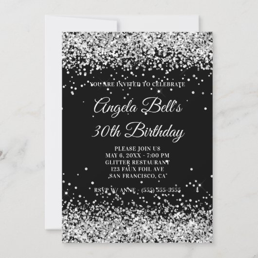 Faux Sparkly Silver Glitter Black 30th Birthday Kaart (Achterkant)
