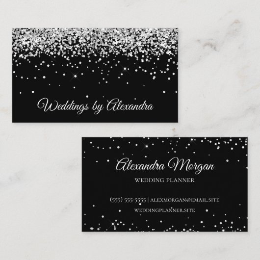 Faux Sparkly Silver Glitter Black Visitekaartje (Voorkant / Achterkant)