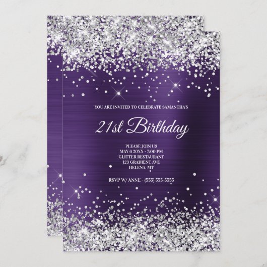 Faux Sparkly Silver Glitter Donkere Violet Folie Kaart (Voorkant / Achterkant)