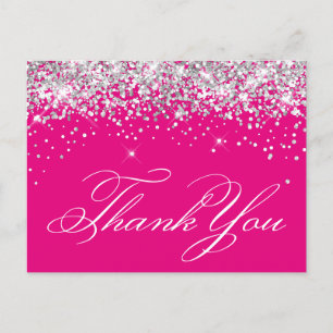Faux Sparkly Silver Glitter Hot Pink Dank u Briefkaart