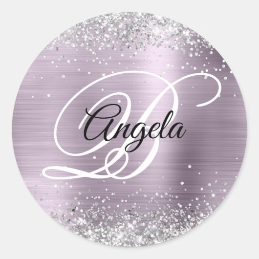 Faux Sparkly Silver Glitter Lavender Folie Monogra Ronde Sticker (Voorkant)