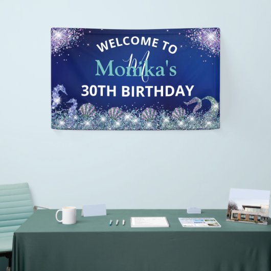 Faux Sparkly Zeemeermin Glitter Blauwe Oceaan Mono Spandoek (Beurs)