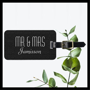 Faux Textured Black Burlap MR en MRS Bagagelabel