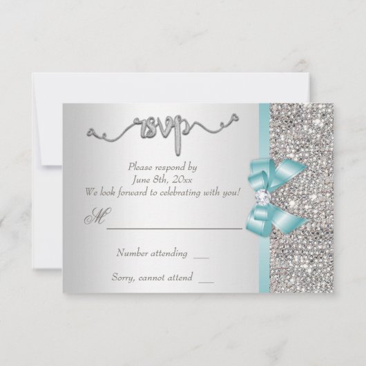 Faux Turquoise Bow Silver Sequits Mariage RSVP (Dos)