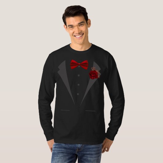 Faux Tuxedo pak met rode boog Stropdas T-shirt (Voorkant volledig)