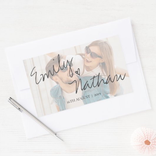 Faux Vellum Effect Foto Weddenschap Rechthoekige Sticker (Envelop)