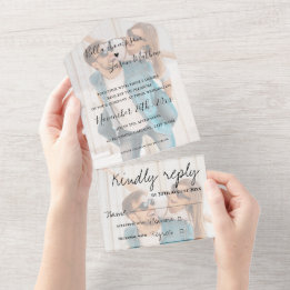 Faux Vellum Effect Monogram Multi Photo Weddenscha All In One Uitnodiging