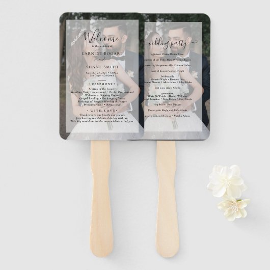 Faux Vellum Foto Modern Elegant Wedding Programme Handwaaier (Voorkant en achterkant)