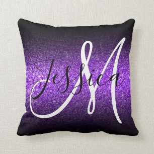 Faux Violet Glitter Black Ombre Monogram Kussen