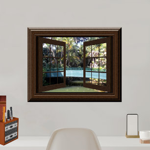 Faux Window Uitzicht Peaceful River Footbridge Zen Poster