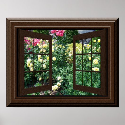 Faux Window Uitzicht Peaceful Roos Garden Relaxing Poster (Voorkant)
