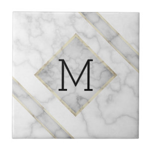 Faux witte marmer en beige albast met monogram tegeltje