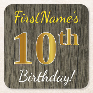Faux Wood, Faux Gold 10th Birthday + Eigen naam Vierkante Kartonnen Onderzetter