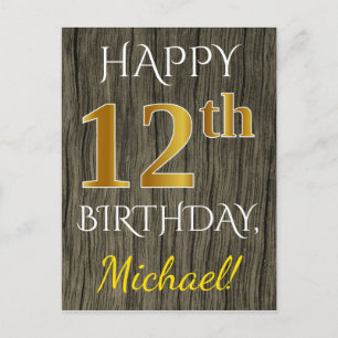 Faux Wood, Faux Gold 12th Birthday + Eigen naam Briefkaart