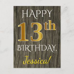 Faux Wood, Faux Gold 13th Birthday + Eigen naam Briefkaart