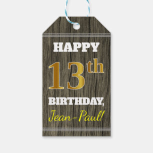 Faux Wood, Faux Gold 13th Birthday + Eigen naam Cadeaulabel