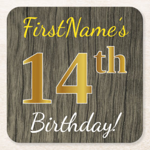 Faux Wood, Faux Gold 14th Birthday + Eigen naam Vierkante Kartonnen Onderzetter