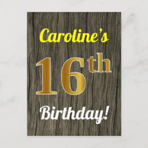 Faux Wood, Faux Gold 16th Birthday & Custom Name Briefkaart