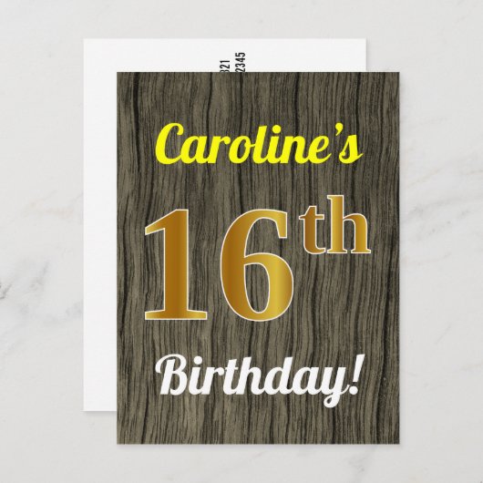Faux Wood, Faux Gold 16th Birthday & Custom Name Briefkaart (Voorkant / Achterkant)