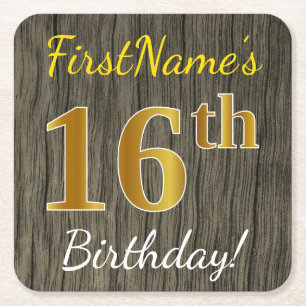 Faux Wood, Faux Gold 16th Birthday + Eigen naam Vierkante Kartonnen Onderzetter