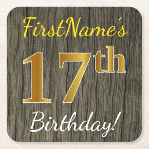 Faux Wood, Faux Gold 17th Birthday + Eigen naam Vierkante Kartonnen Onderzetter
