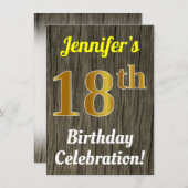Faux Wood, Faux Gold 18e verjaardag Kaart (Voorkant / Achterkant)