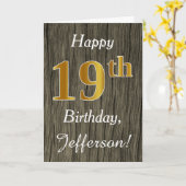 Faux Wood, Faux Gold 19th Birthday + Eigen naam Kaart (Gele Bloem)