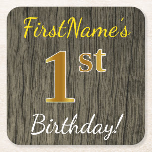 Faux Wood, Faux Gold 1st Birthday + Eigen naam Vierkante Kartonnen Onderzetter