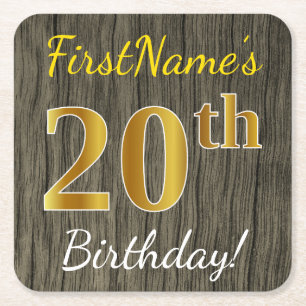 Faux Wood, Faux Gold 20th Birthday + Eigen naam Vierkante Kartonnen Onderzetter