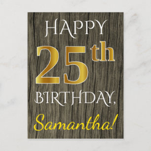 Faux Wood, Faux Gold 25th Birthday + Eigen naam Briefkaart