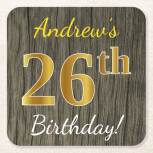 Faux Wood, Faux Gold 26th Birthday + Eigen naam Vierkante Kartonnen Onderzetter