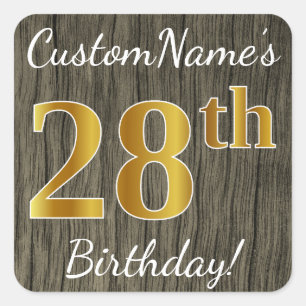Faux Wood, Faux Gold 28th Birthday + Eigen naam Vierkante Sticker