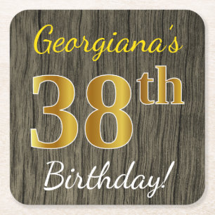 Faux Wood, Faux Gold 38th Birthday + Eigen naam Vierkante Kartonnen Onderzetter
