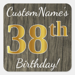 Faux Wood, Faux Gold 38th Birthday + Eigen naam Vierkante Sticker