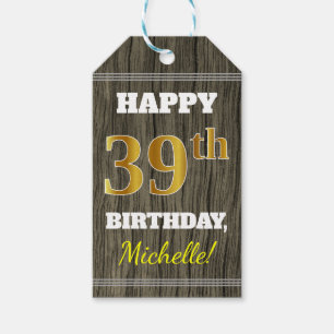 Faux Wood, Faux Gold 39th Birthday + Eigen naam Cadeaulabel