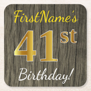 Faux Wood, Faux Gold 41st Birthday + Eigen naam Vierkante Kartonnen Onderzetter