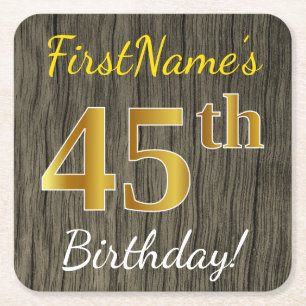 Faux Wood, Faux Gold 45th Birthday + Eigen naam Vierkante Kartonnen Onderzetter