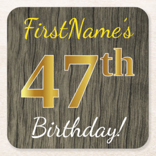 Faux Wood, Faux Gold 47th Birthday + Eigen naam Vierkante Kartonnen Onderzetter