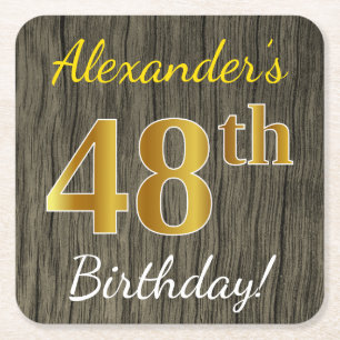 Faux Wood, Faux Gold 48th Birthday + Eigen naam Vierkante Kartonnen Onderzetter