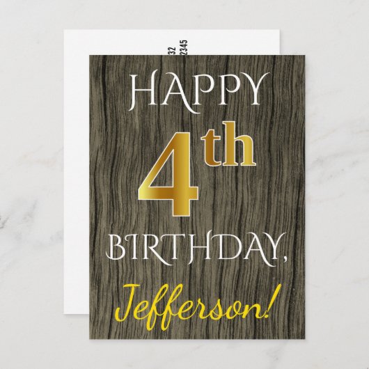 Faux Wood, Faux Gold 4th Birthday + Eigen naam Briefkaart (Voorkant / Achterkant)