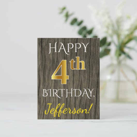 Faux Wood, Faux Gold 4th Birthday + Eigen naam Briefkaart (Staand voorkant)