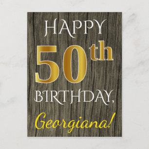 Faux Wood, Faux Gold 50th Birthday + Eigen naam Briefkaart