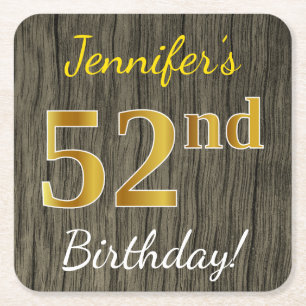 Faux Wood, Faux Gold 52nd Birthday + Eigen naam Vierkante Kartonnen Onderzetter