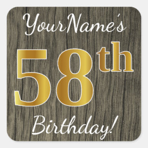 Faux Wood, Faux Gold 58th Birthday + Eigen naam Vierkante Sticker