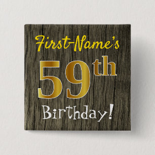 Faux Wood, Faux Gold 59th Birthday + Eigen naam Vierkante Button 5,1 Cm